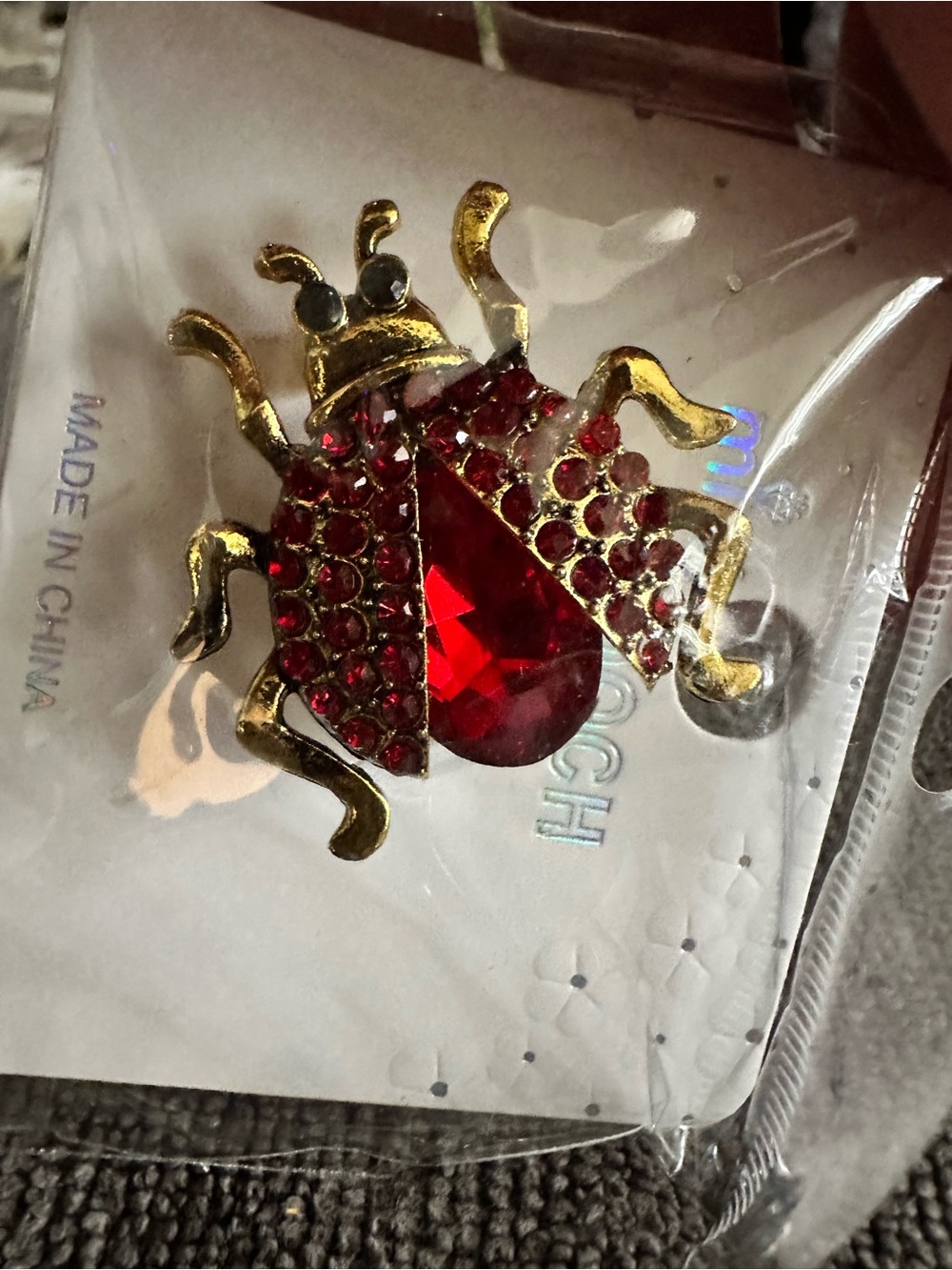 Gold-Tone Red Crystal Beetle Brooch by